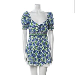 Alice + Olivia Blue & Green Floral Puff-Sleeve Mini Dress